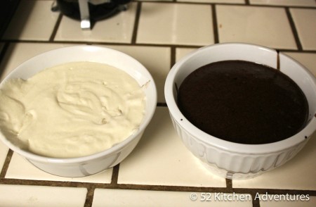 Vanilla and dark chocolate cake batter for zebra cupcakes