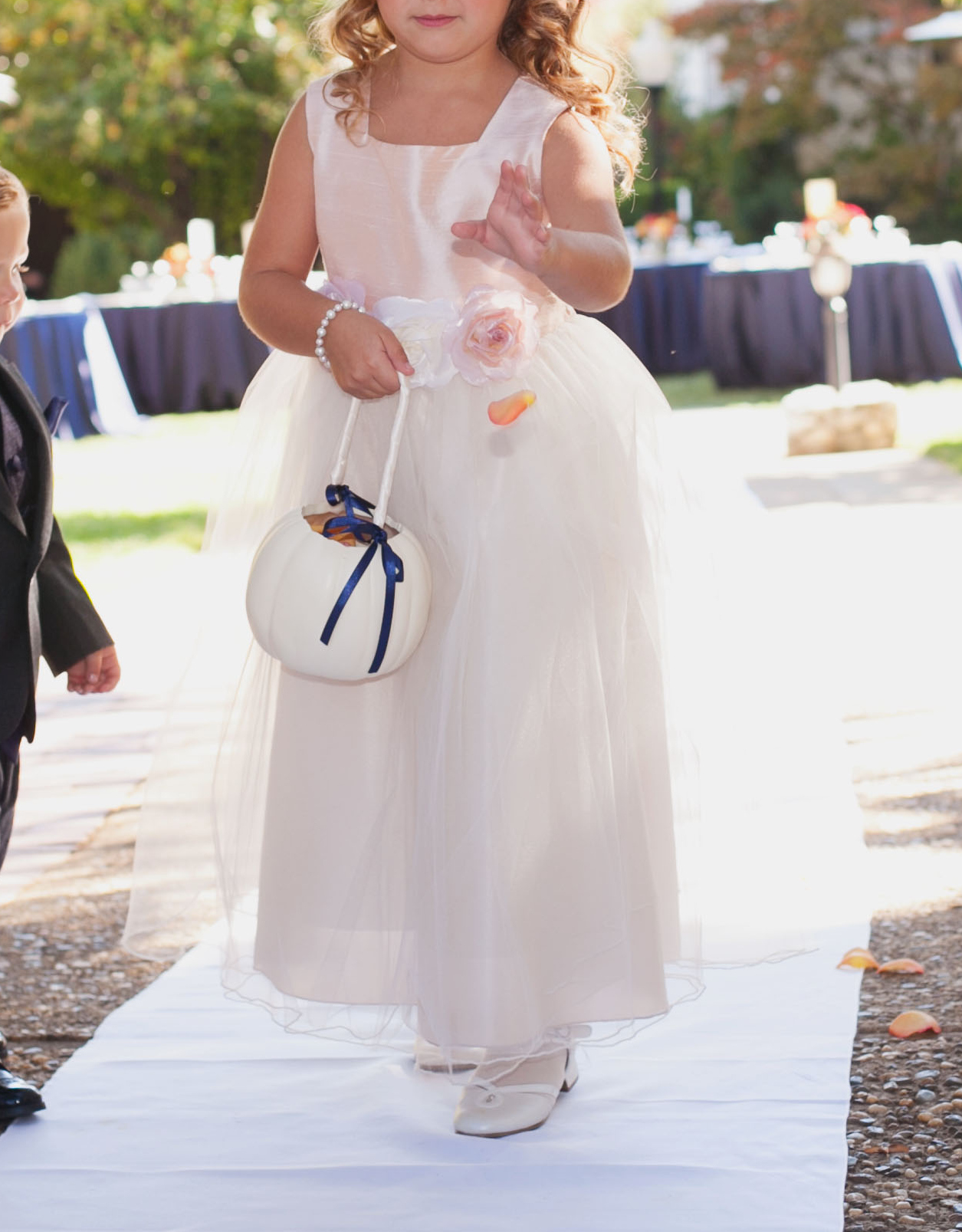 White pumpkin flower girl basket