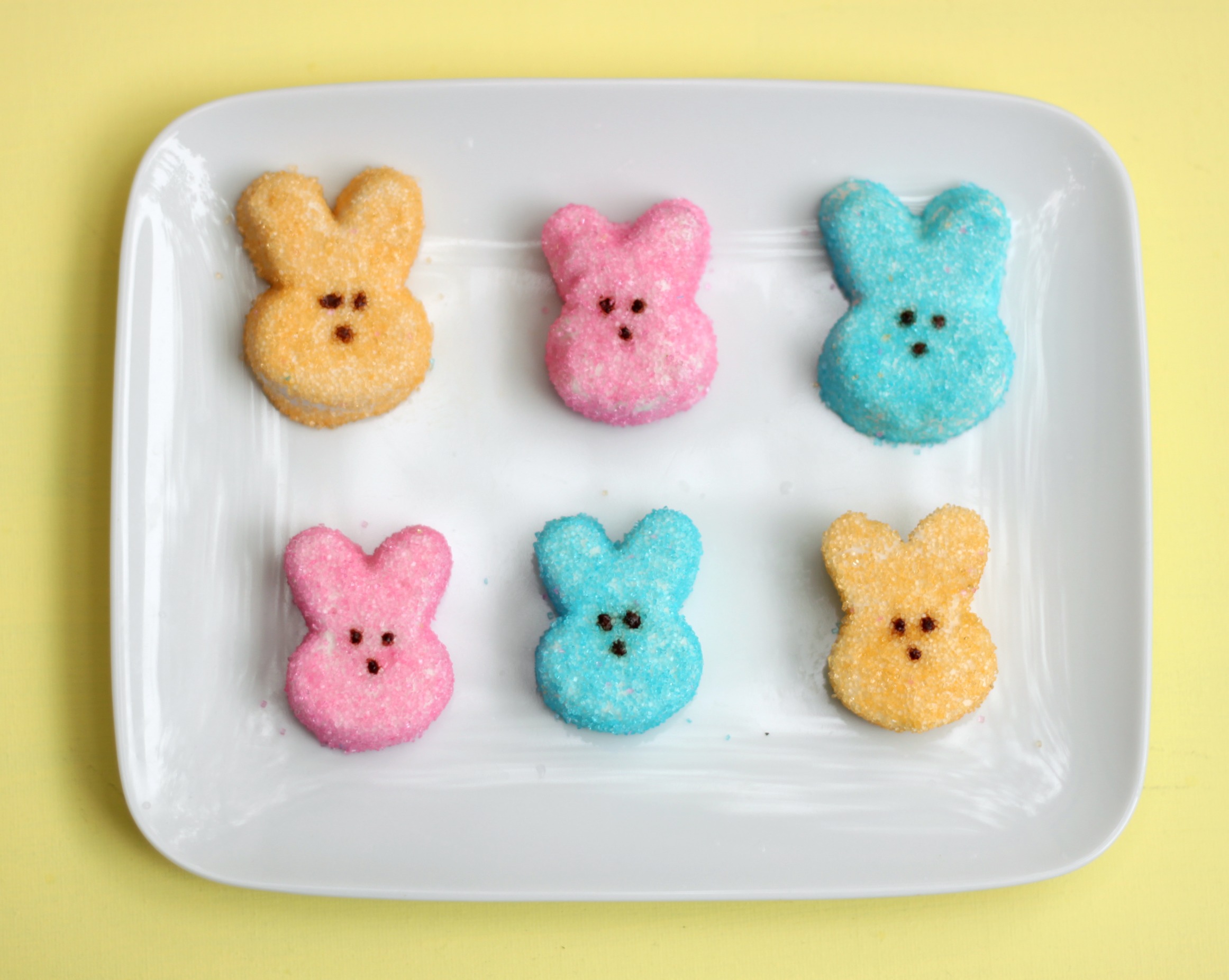 Homemade marshmallow peeps yellow pink blue
