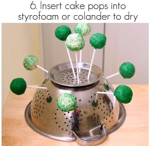 Insert cake pops into styrofoam or colander to dry