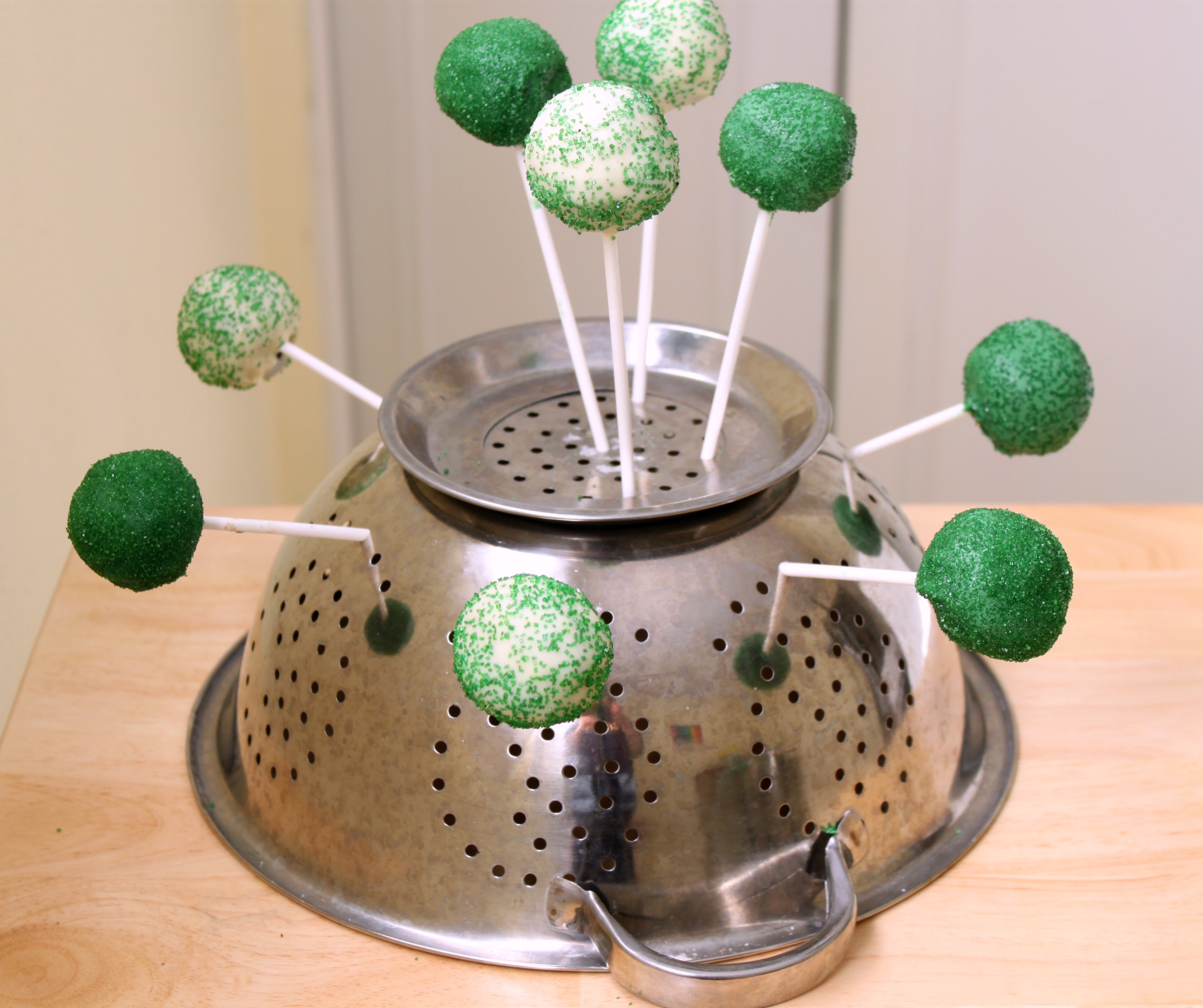 Use colander to dry cake pops