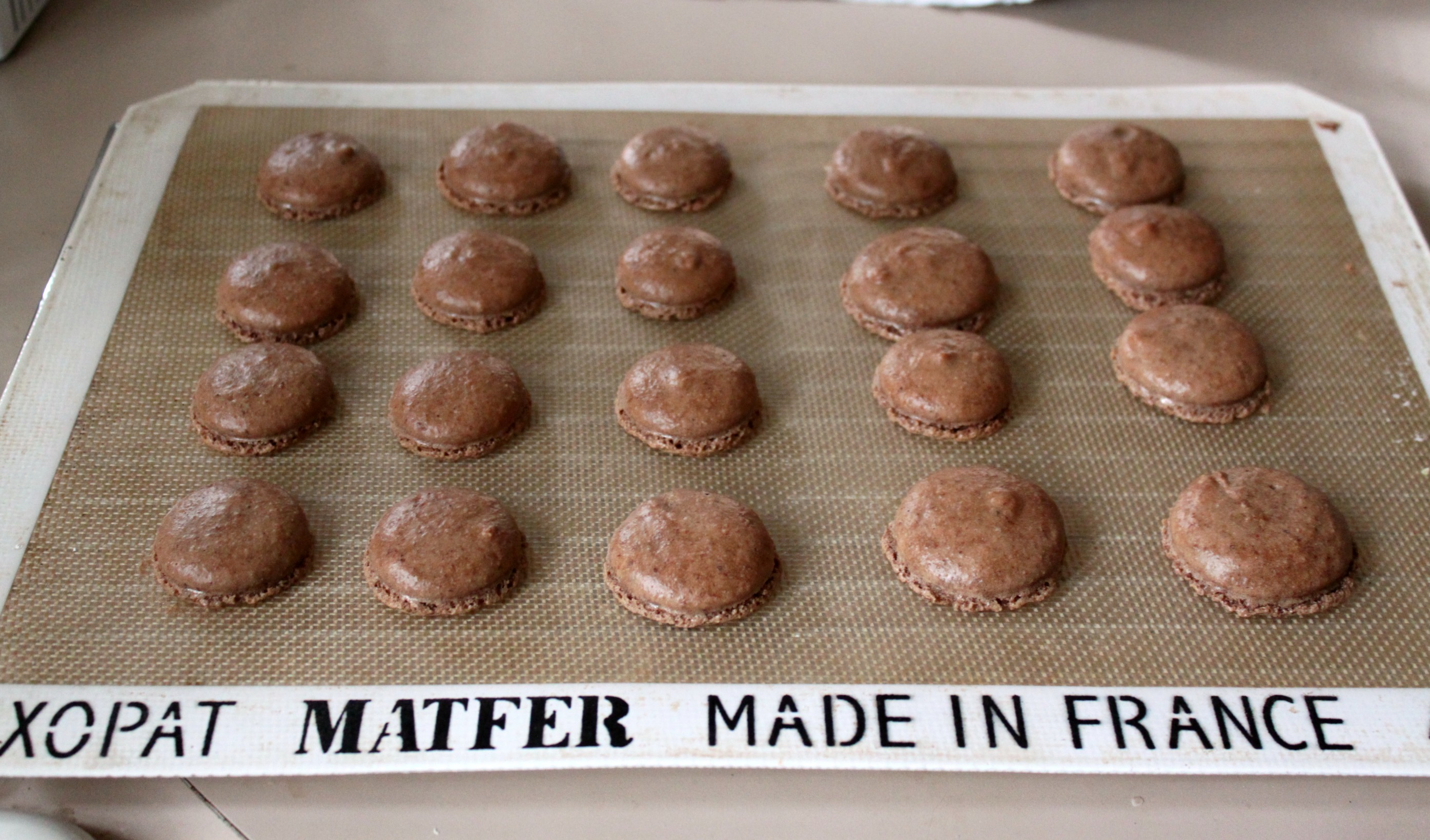 Finished chocolate macarons with feet