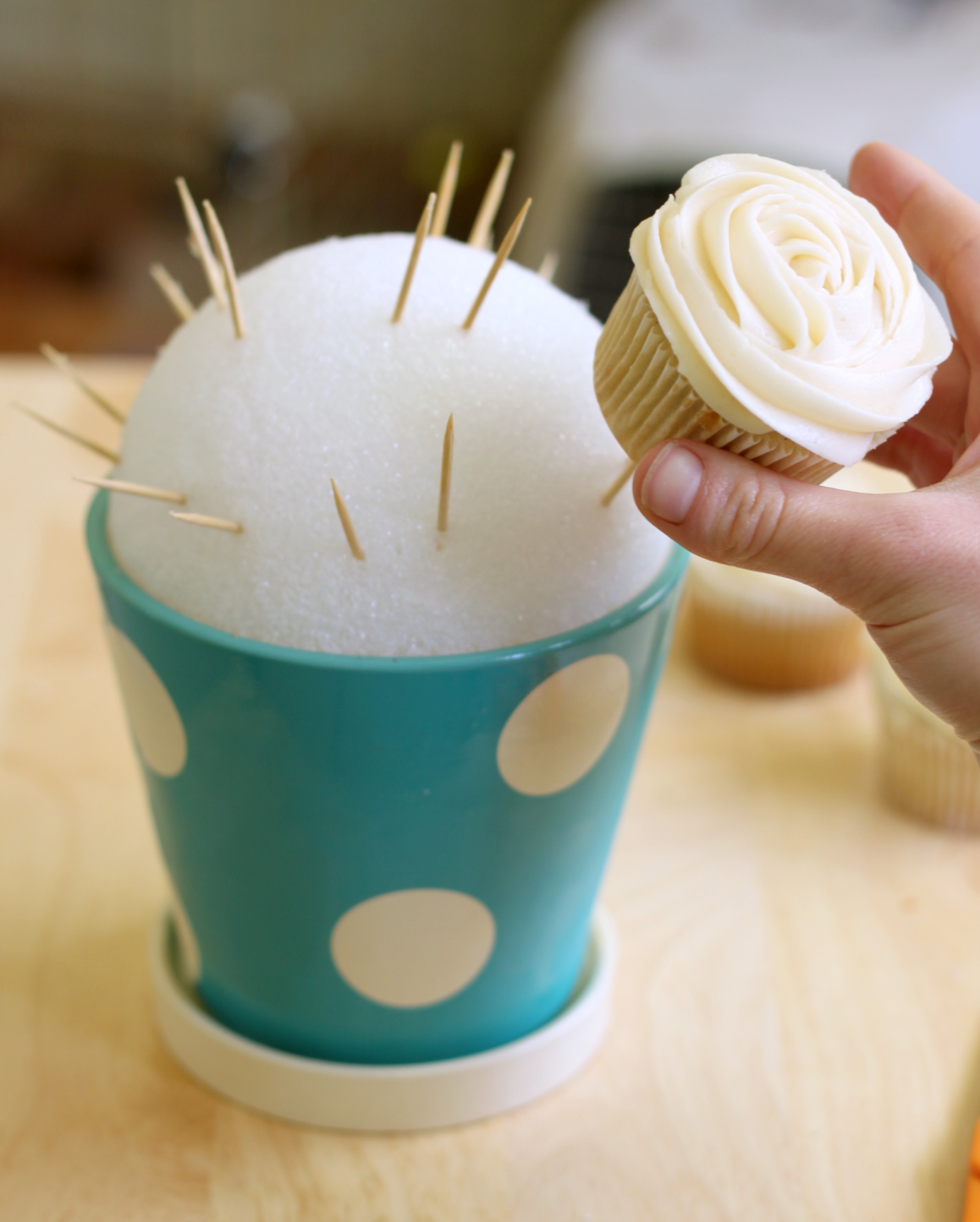 Place cupcake on two toothpicks