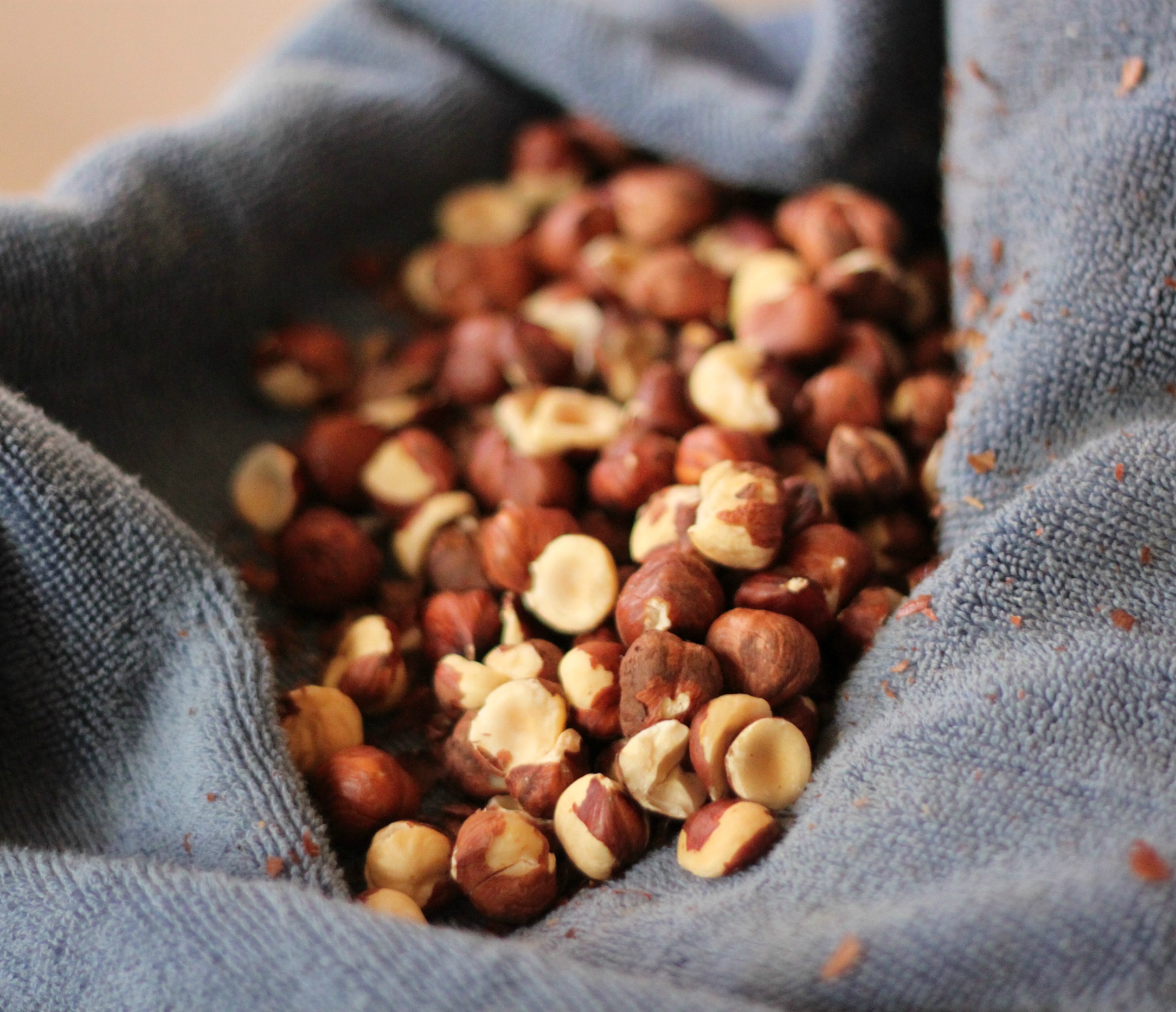 Roasted hazelnuts in kitchen towel
