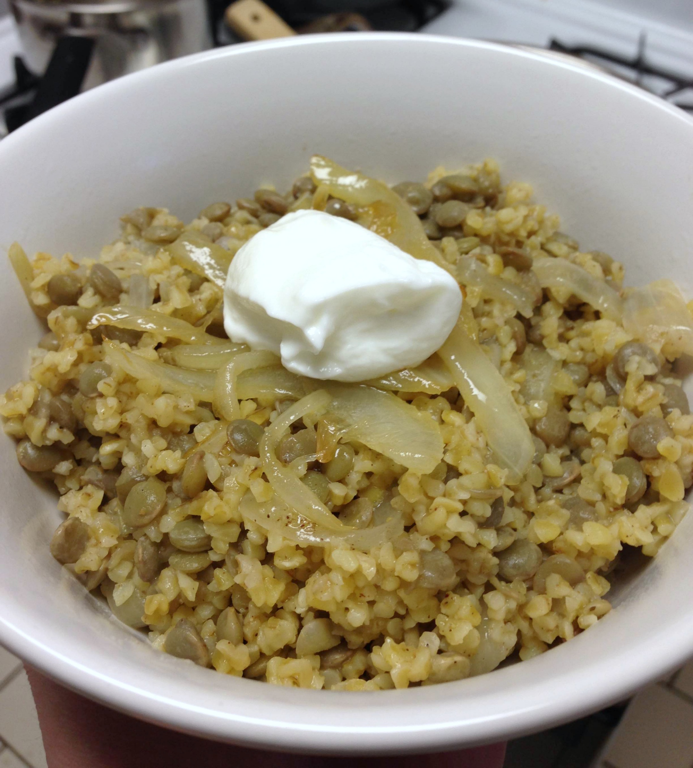Lentil and Bulgur Pilaf with Caramelized Onion in bowl